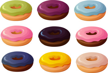 Vector illustration of various trendy hipster donuts with colorful frosting and toppings isolated on white background