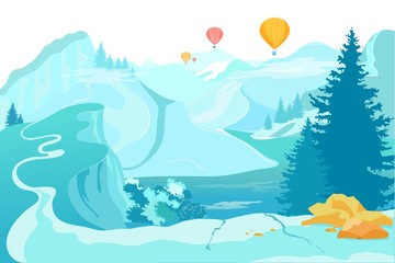 Illustration, Hot Air Balloon Flight in Mountains.