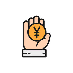 Chinese Yen, coin, money in hand flat color line icon.