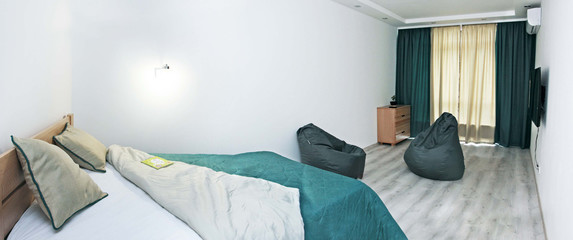 Scandinavian єko bedroom design, green curtains and gray frameless furniture, interior, minimalism