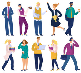 Obraz premium Business people in office. Professional workers characters. Man working on laptop. Happy woman speaking to mobile and drinking coffee. Illustration set of managers isolated on white background