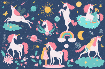 Unicorn vector cartoon cute horse character with horn and colorful ponytail. Illustration set of fantasy child ponytailed animal with girl friend, rainbow and flowers isolated on background