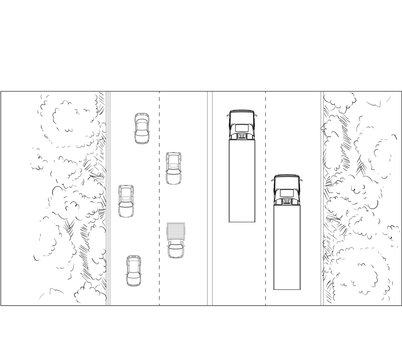 Top view trucks and cars are transporting on the way , asphalt drawing