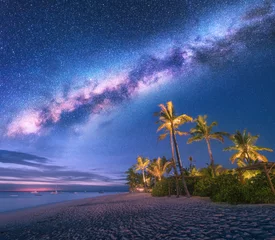 Milchstraße über dem Sandstrand mit Palmen und Sonnenliegen und Sonnenschirmen nachts im Sommer. Landschaft mit Küste, schönem Sternenhimmel, Galaxie und grünen Palmen. Reisen Sie in Sansibar, Afrika. Platz © den-belitsky