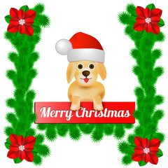 Bright Illustration with dog in hat santa claus. Dog Santa Claus. Nice dog with inscription Merry Christmas.