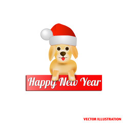 Fototapeta na wymiar Bright Illustration with dog in hat santa claus. Dog Santa Claus. Nice dog with inscription Happy New Year.