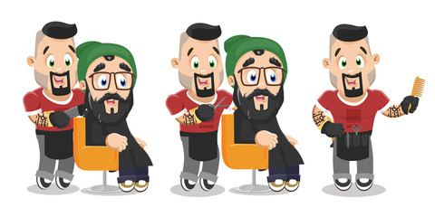 Bearded barber with tattoo spending time at work. Vector set.