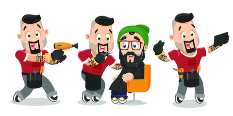 Different moments of typical day of barber, hairdresser.