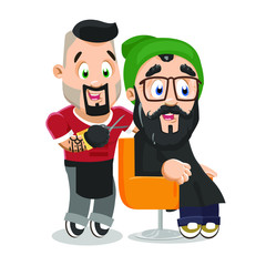 Handsome barber in tee shirt, jeans, gloves, tool apron standing near yellow swivel chair and serving client.