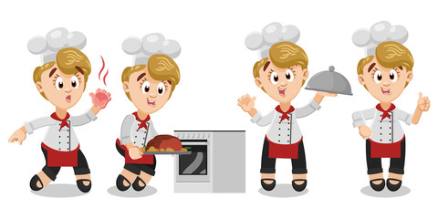 Different moments of typical day of cook in uniform.