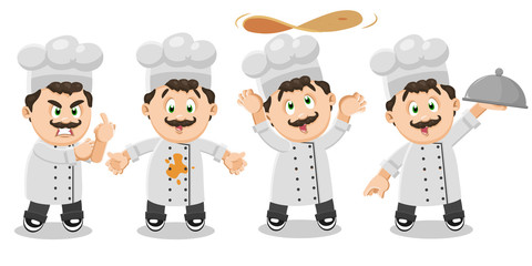 Different moments of typical day of moustached cook.