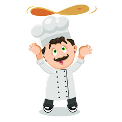 Mustached cute cook in uniform standing and cooking pizza.
