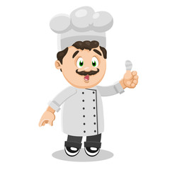 Curly cute chef in cook cap standing and looking to wounded finger.