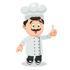 Curly cute chef in cook cap standing and looking to wounded finger.