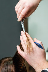Hairdresser cutting woman's hair in beauty salon, close up.