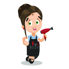 Brown haired cute hairdresser in tool apron standing, smiling and keeping hair dryer in hand.