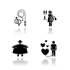 Mental disorder drop shadow black glyph icons set. Sexual fetishism. Kleptomania. Exhibitionism. Obsessive love. Steal alcohol. Possessive relationship. Perversion. Isolated vector illustrations