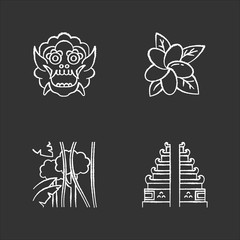 Indonesia chalk icons set. Tropical country plants. Vacation in Indonesian islands. Exploring exotic traditions, culture. Unique flora. Bali sightseeing. Isolated vector chalkboard illustrations