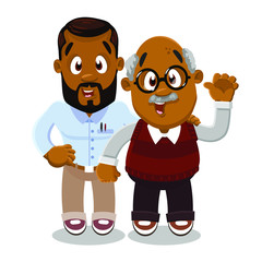 Afro-american mustached bald aged man in knitted vest, shirt anr trousers standing near his adult son.