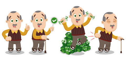 Vector set with elderly mustached man in different situations.