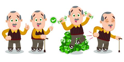 Vector set with elderly mustached man in different situations.