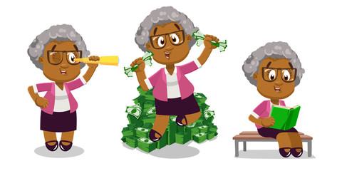 Vector set with silver haired afro-american aged lady in different situations.