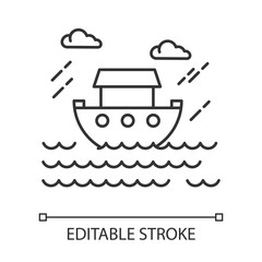 The Flood Bible story linear icon. Noah Ark. Sacred ship in worldwide water. Biblical narrative. Thin line illustration. Contour symbol. Vector isolated outline drawing. Editable stroke