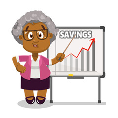 Afro-american spectacled aged woman in pink blazer and skirt standing near flipchart.