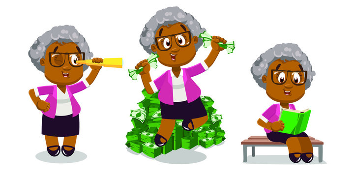 Vector set with silver haired afro-american aged lady in different situations.