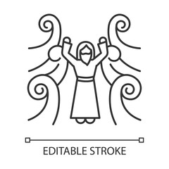 Obraz premium Crossing the Red sea Bible story linear icon. Moses prophet. Parted water. Biblical narrative. Thin line illustration. Contour symbol. Vector isolated outline drawing. Editable stroke