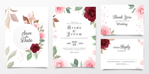 Fototapeta na wymiar Wedding invitation card template set with floral decoration. Red and peach roses botanic illustration for save the date, invitation, greeting card, poster. Floral frame vector