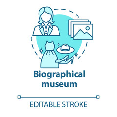Biographical museum concept icon. Cultural materials exposition. Clothes, belongings. Famous person history exhibition idea thin line illustration. Vector isolated outline drawing. Editable stroke