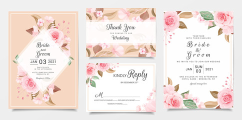 Wedding invitation card template set with floral decoration. Peach rose flowers illustration for save the date, invitation, greeting card, poster vector. Floral frame vector