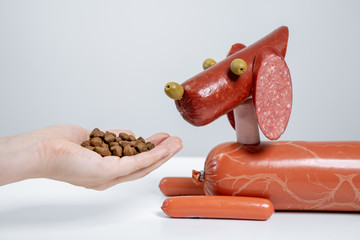 The dog made from sausages with eyes-olives is being offered with dog processed food. Human hands with grains.