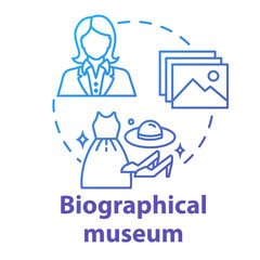 Biographical museum concept icon. Cultural materials exposition. Clothes and belongings display. Famous person history exhibition idea thin line illustration. Vector isolated outline drawing