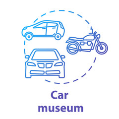 Obraz premium Car museum concept icon. Automotive technology historical exposition. Mechanical bike model. Automobile and motorcycle exhibition idea thin line illustration. Vector isolated outline drawing