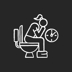 Constipation chalk icon. Menstruation pain. Period problem. Girl with hemorrhoids in lavatory. Woman on toilet. Digestive tract problem. Stomach ache. Bathroom. Isolated vector chalkboard illustration