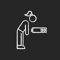 Fatigue chalk icon. Tired girl. Overworked woman. Exhausted person. PMS symptom. Overwhelmed workaholic. Depressed and unhappy human. Lethargy, weakness. Isolated vector chalkboard illustration