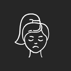 Sadness chalk icon. Unhappy expression. Low mood. Emotionally drained girl. Anxious woman. Loneliness and solitude. Depression and stress. Feeling grief. Isolated vector chalkboard illustration