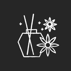 Aromatherapy chalk icon. Blossom scented sticks. Essential oils in glass jar. Selfcare and wellness. Therapeutic spa product. Cosmetic decoration. Floral aroma. Isolated vector chalkboard illustration