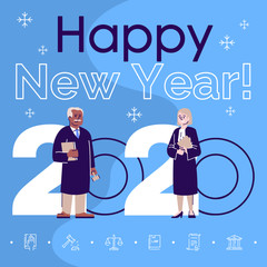 Profession social media post mockup. Happy new year 2020 phrase. Web banner design template. Judge and attorney. Lawyers booster, content layout, inscription. Poster, print ads and flat illustration