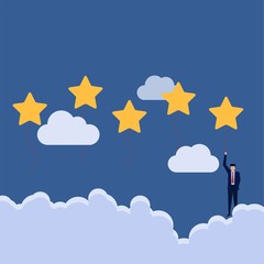Business flat vector concept man fly with star balloon metaphor of rating and review.