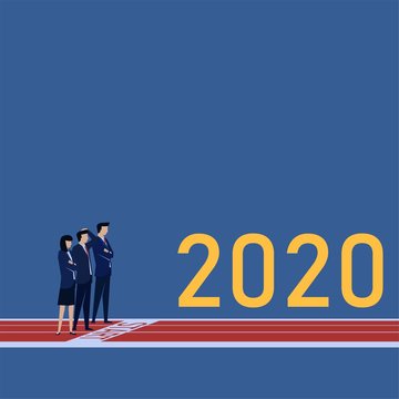 Business flat vector concept man and woman stand on start line metaphor of new year new start.