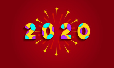 2020 Christmas day colorful postcard. Multicolored figures 2020 and fireworks. On a red background. Vector