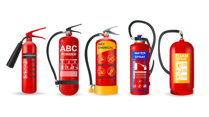 Fire extinguisher vector set. Realistic fire-fighting units and protection of fire on transparent background