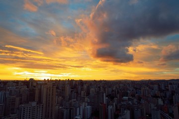 Aerial view of sunset in São Paulo city, Brazil. Great sunset scene. Fantastic landscape. 