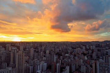 Aerial view of sunset in São Paulo city, Brazil. Great sunset scene. Fantastic landscape. 