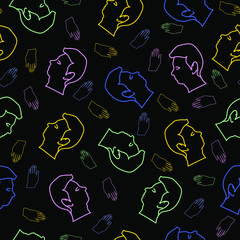 Seamless pattern with neon light arms and man heads