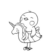 A lovely cute duckling is standing in a swimming circle. A duckling is about to swim, hand-drawn. Summer series of children’s cards with cartoon style animals. Simple vector illustration.