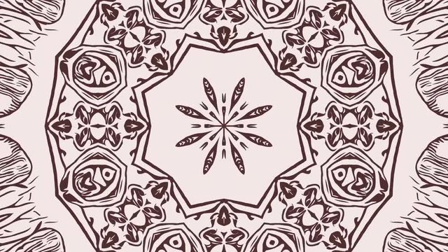 Abstract animated background with mandala ornament. 4K geometric fractal with sepia color. Kaleidoscope pattern. 